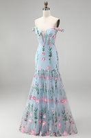 Load image into Gallery viewer, Blue Off the Shoulder Mermaid Floral Long Corset Formal Dress