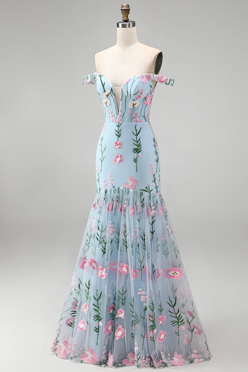 Load image into Gallery viewer, Blue Off the Shoulder Mermaid Floral Long Corset Formal Dress