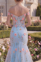 Load image into Gallery viewer, Blue Off the Shoulder Mermaid Floral Long Corset Formal Dress