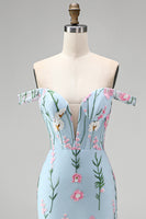 Load image into Gallery viewer, Blue Off the Shoulder Mermaid Floral Long Corset Formal Dress