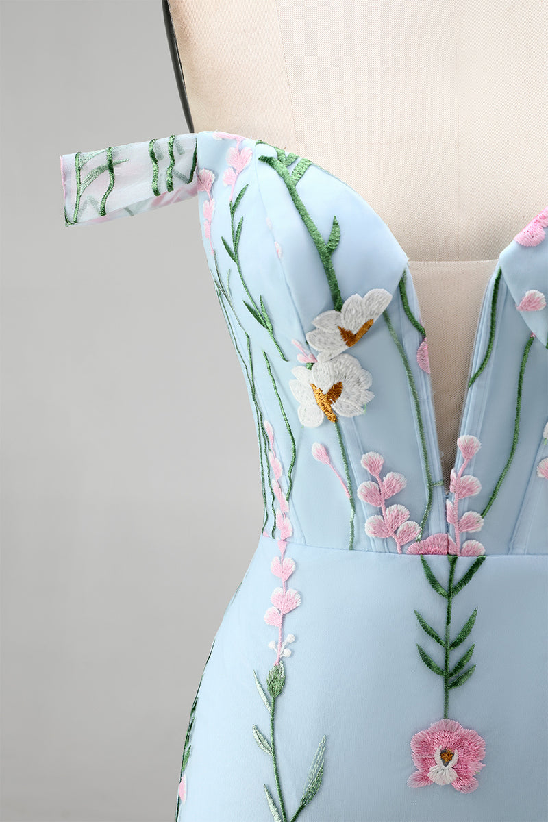 Load image into Gallery viewer, Blue Off the Shoulder Mermaid Floral Long Corset Formal Dress