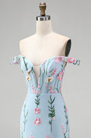 Load image into Gallery viewer, Blue Off the Shoulder Mermaid Floral Long Corset Formal Dress
