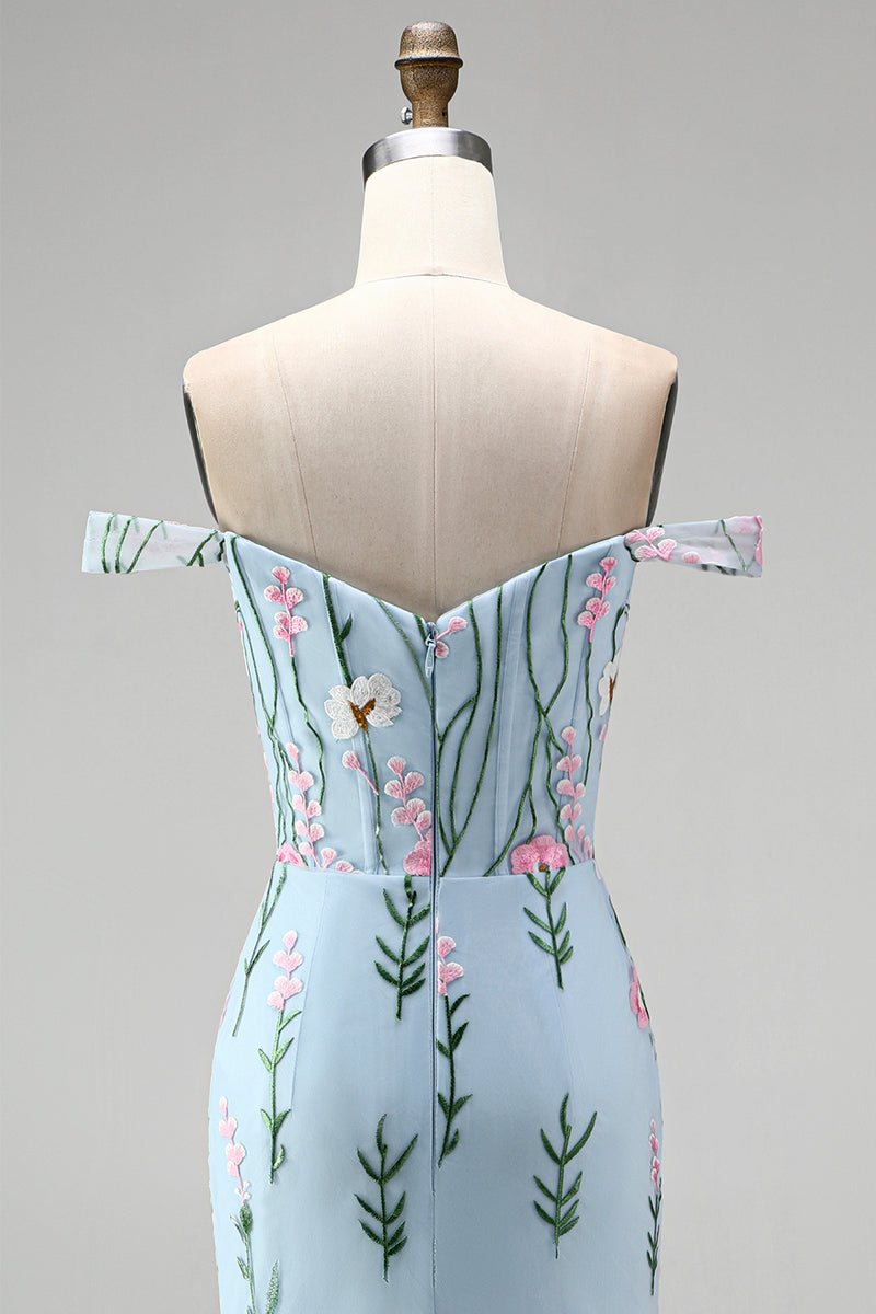 Load image into Gallery viewer, Blue Off the Shoulder Mermaid Floral Long Corset Formal Dress