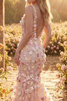 Load image into Gallery viewer, Champagne V-Neck Mermaid Floral Long Formal Dress