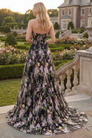 Load image into Gallery viewer, Black Pink Flower Strapless Ball Gown Long Formal Dress