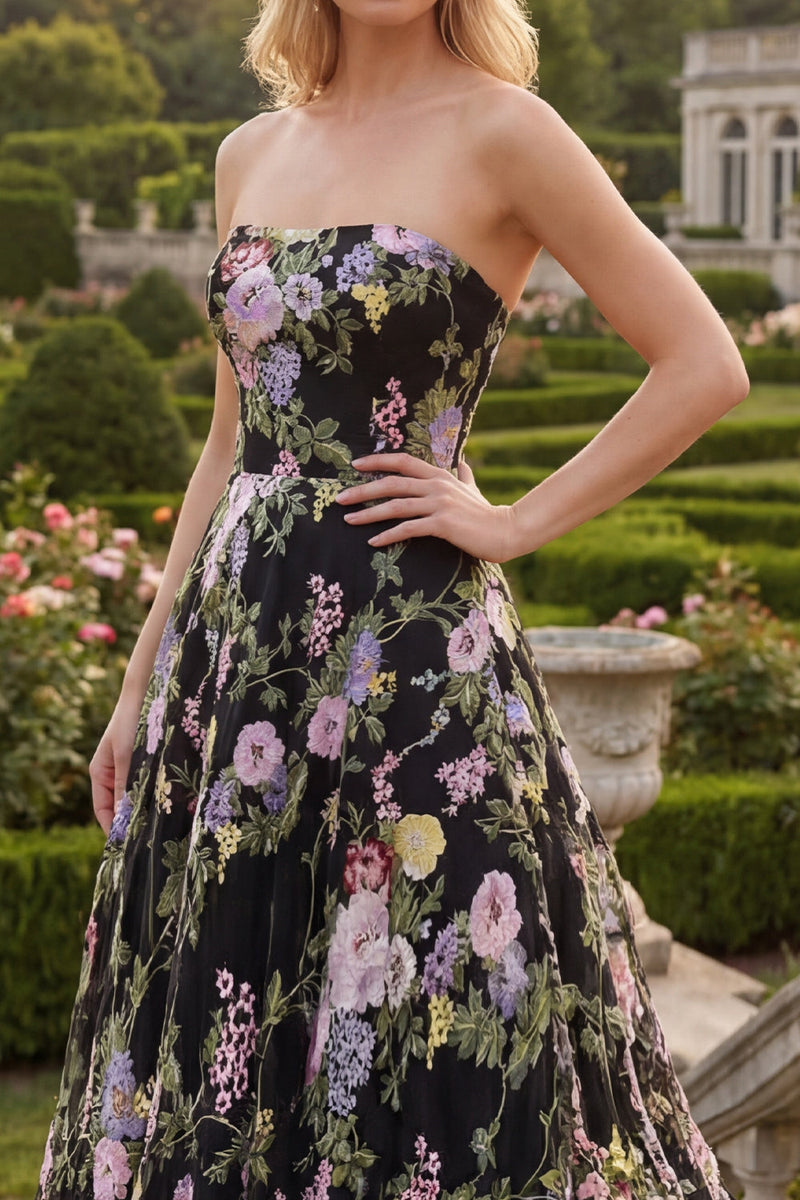 Load image into Gallery viewer, Black Pink Flower Strapless Ball Gown Long Formal Dress