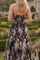 Load image into Gallery viewer, Black Pink Flower Strapless Ball Gown Long Formal Dress