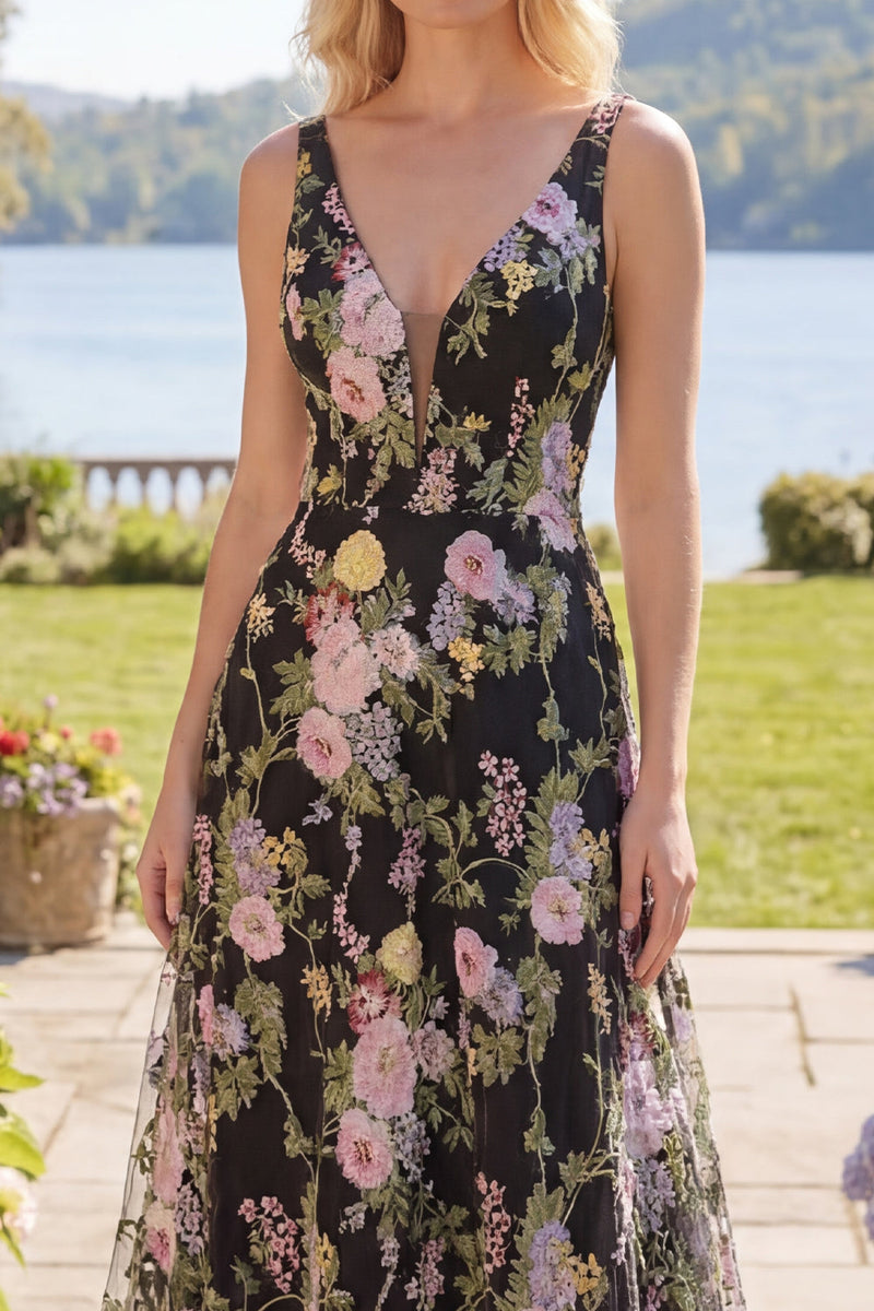 Load image into Gallery viewer, Black Pink Flower A Line Long V-Neck Formal Dress