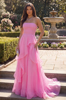 Load image into Gallery viewer, Hot Pink A Line Long Ruched Strapless Formal Dress with Ruffles