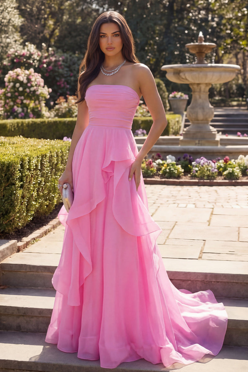 Load image into Gallery viewer, Hot Pink A Line Long Ruched Strapless Formal Dress with Ruffles