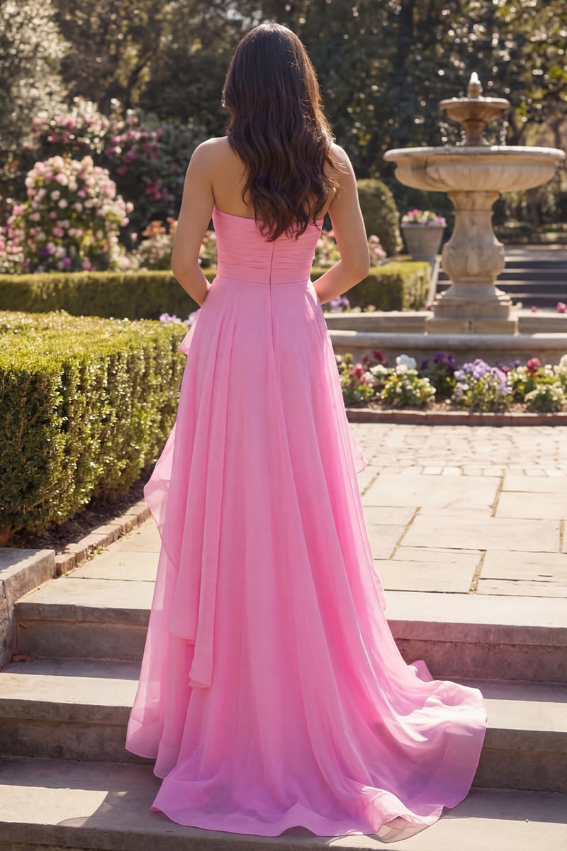 Load image into Gallery viewer, Hot Pink A Line Long Ruched Strapless Formal Dress with Ruffles