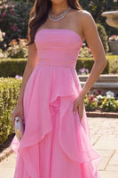 Load image into Gallery viewer, Hot Pink A Line Long Ruched Strapless Formal Dress with Ruffles