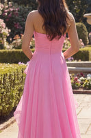 Load image into Gallery viewer, Hot Pink A Line Long Ruched Strapless Formal Dress with Ruffles