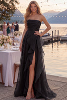 Load image into Gallery viewer, Navy A Line Ruched Strapless Long Formal Dress with Ruffles