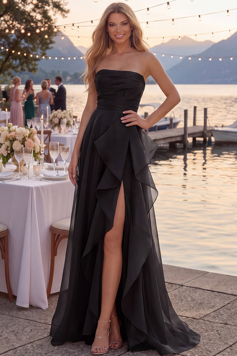 Load image into Gallery viewer, Navy A Line Ruched Strapless Long Formal Dress with Ruffles