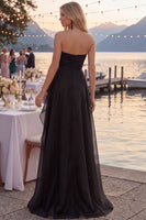 Load image into Gallery viewer, Navy A Line Ruched Strapless Long Formal Dress with Ruffles