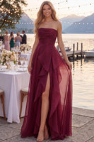 Load image into Gallery viewer, Navy A Line Ruched Strapless Long Formal Dress with Ruffles