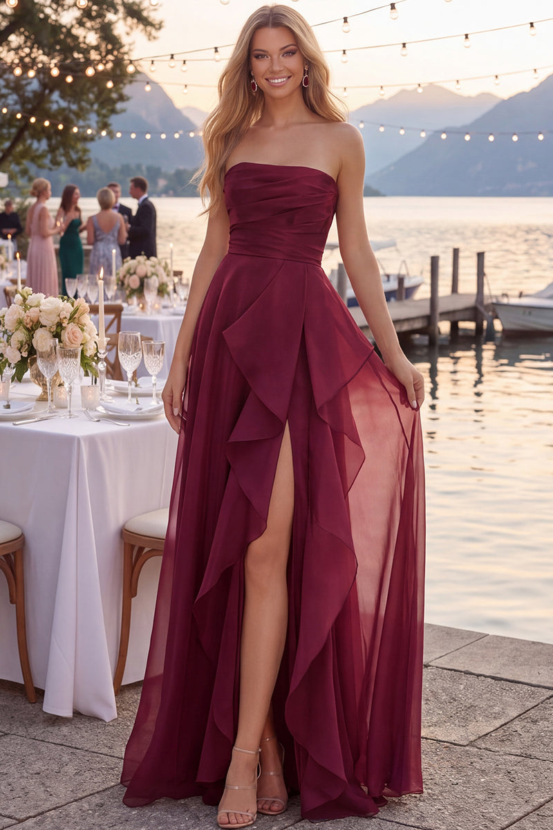Load image into Gallery viewer, Navy A Line Ruched Strapless Long Formal Dress with Ruffles