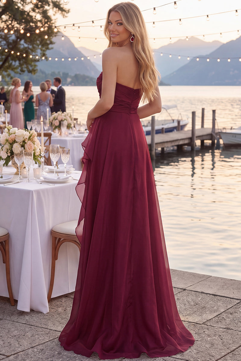 Load image into Gallery viewer, Navy A Line Ruched Strapless Long Formal Dress with Ruffles