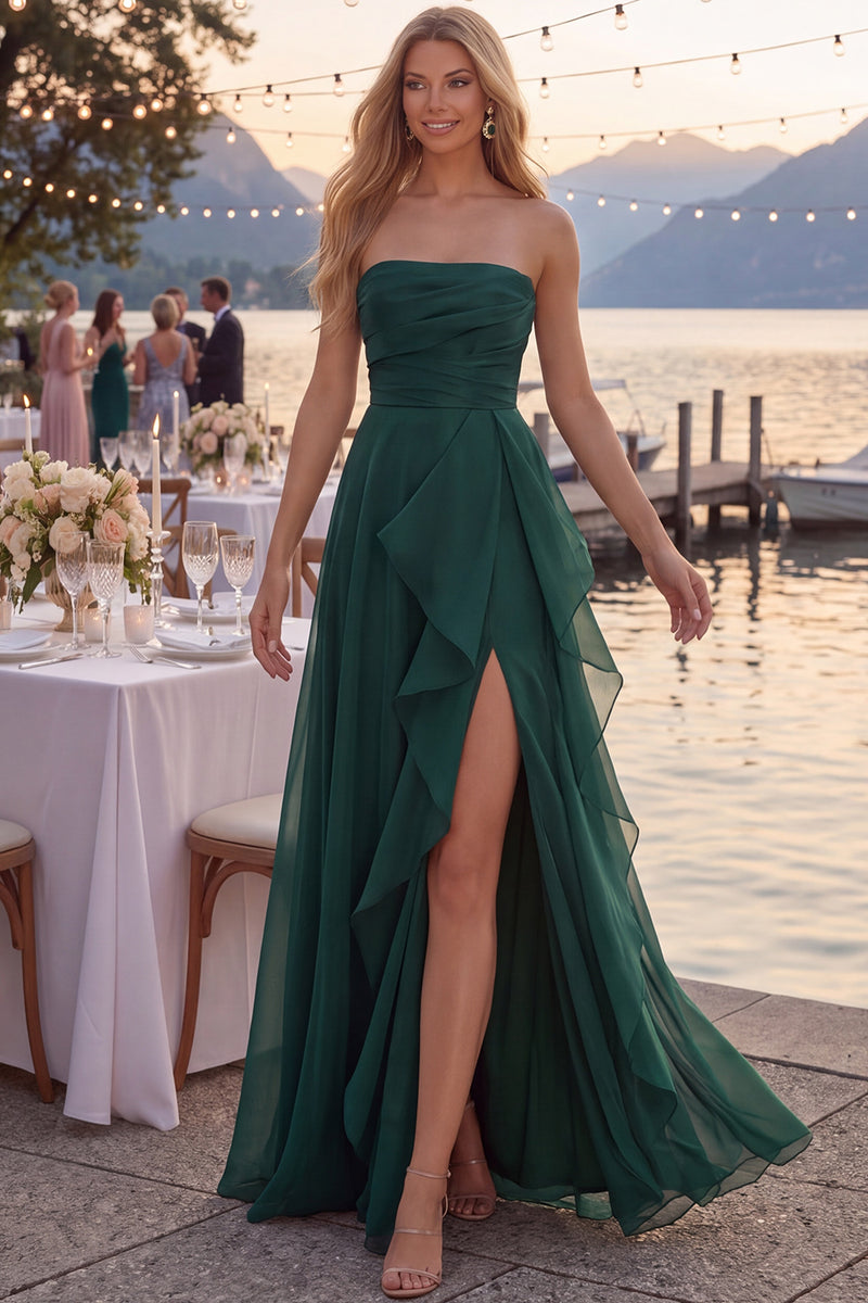 Load image into Gallery viewer, Navy A Line Ruched Strapless Long Formal Dress with Ruffles