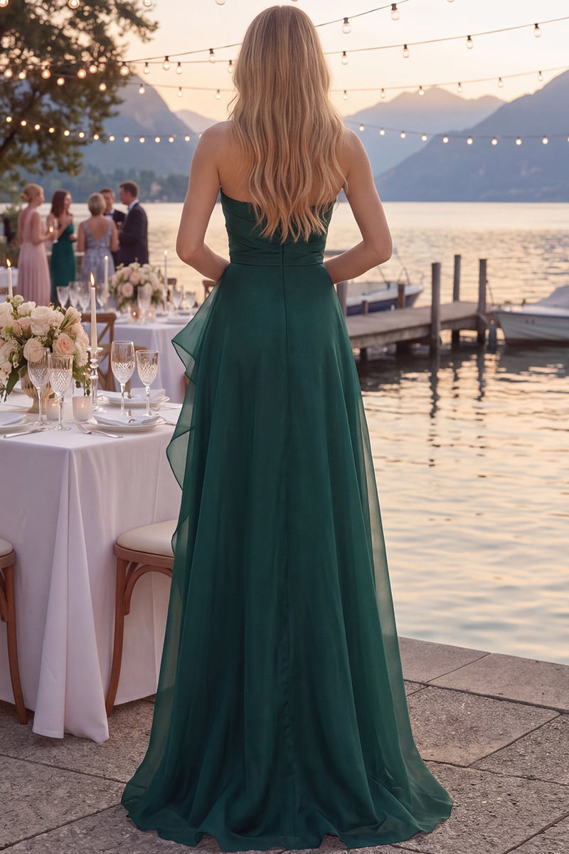 Load image into Gallery viewer, Navy A Line Ruched Strapless Long Formal Dress with Ruffles