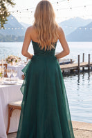 Load image into Gallery viewer, Navy A Line Ruched Strapless Long Formal Dress with Ruffles