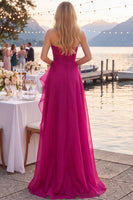 Load image into Gallery viewer, Navy A Line Ruched Strapless Long Formal Dress with Ruffles
