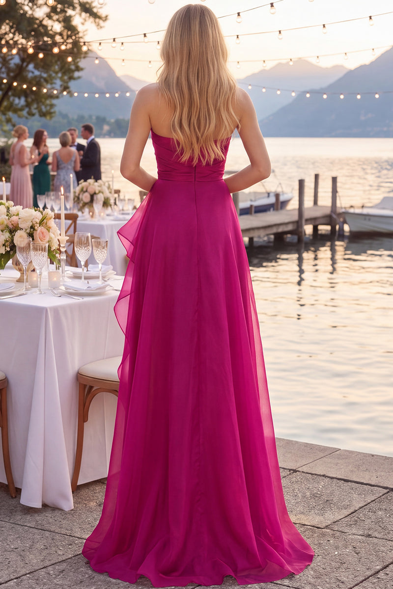 Load image into Gallery viewer, Navy A Line Ruched Strapless Long Formal Dress with Ruffles
