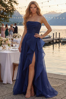 Load image into Gallery viewer, Navy A Line Ruched Strapless Long Formal Dress with Ruffles