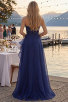 Load image into Gallery viewer, Navy A Line Ruched Strapless Long Formal Dress with Ruffles