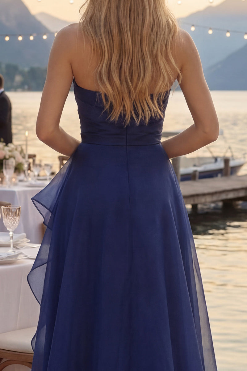 Load image into Gallery viewer, Navy A Line Ruched Strapless Long Formal Dress with Ruffles