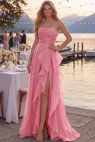 Load image into Gallery viewer, Navy A Line Ruched Strapless Long Formal Dress with Ruffles