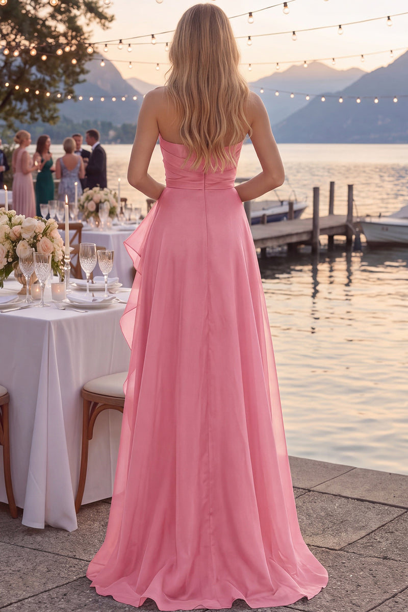 Load image into Gallery viewer, Navy A Line Ruched Strapless Long Formal Dress with Ruffles