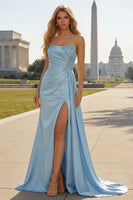Load image into Gallery viewer, Blue Beaded Mermaid Ruched Long Formal Dress with Side Cape
