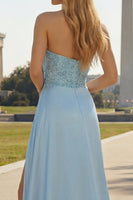 Load image into Gallery viewer, Blue Beaded Mermaid Ruched Long Formal Dress with Side Cape