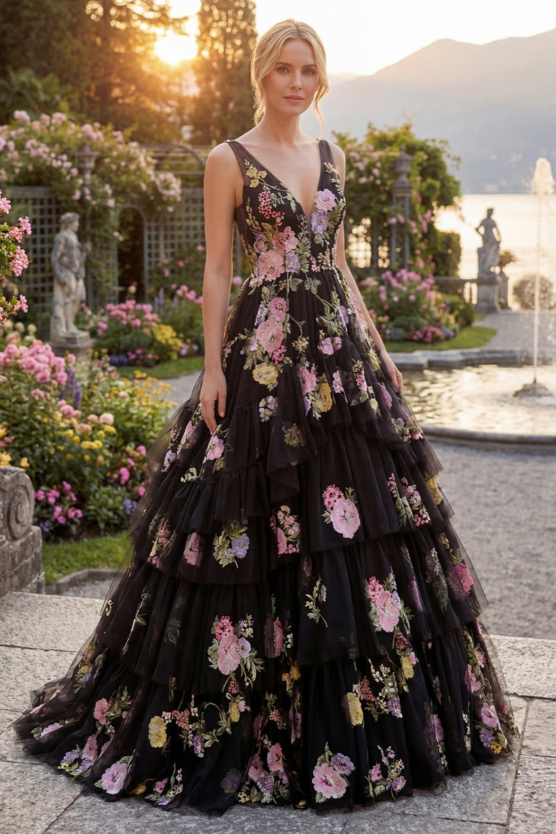 Load image into Gallery viewer, Black Pink Flower Ball Gown V-Neck Long Formal Dress with Ruffles