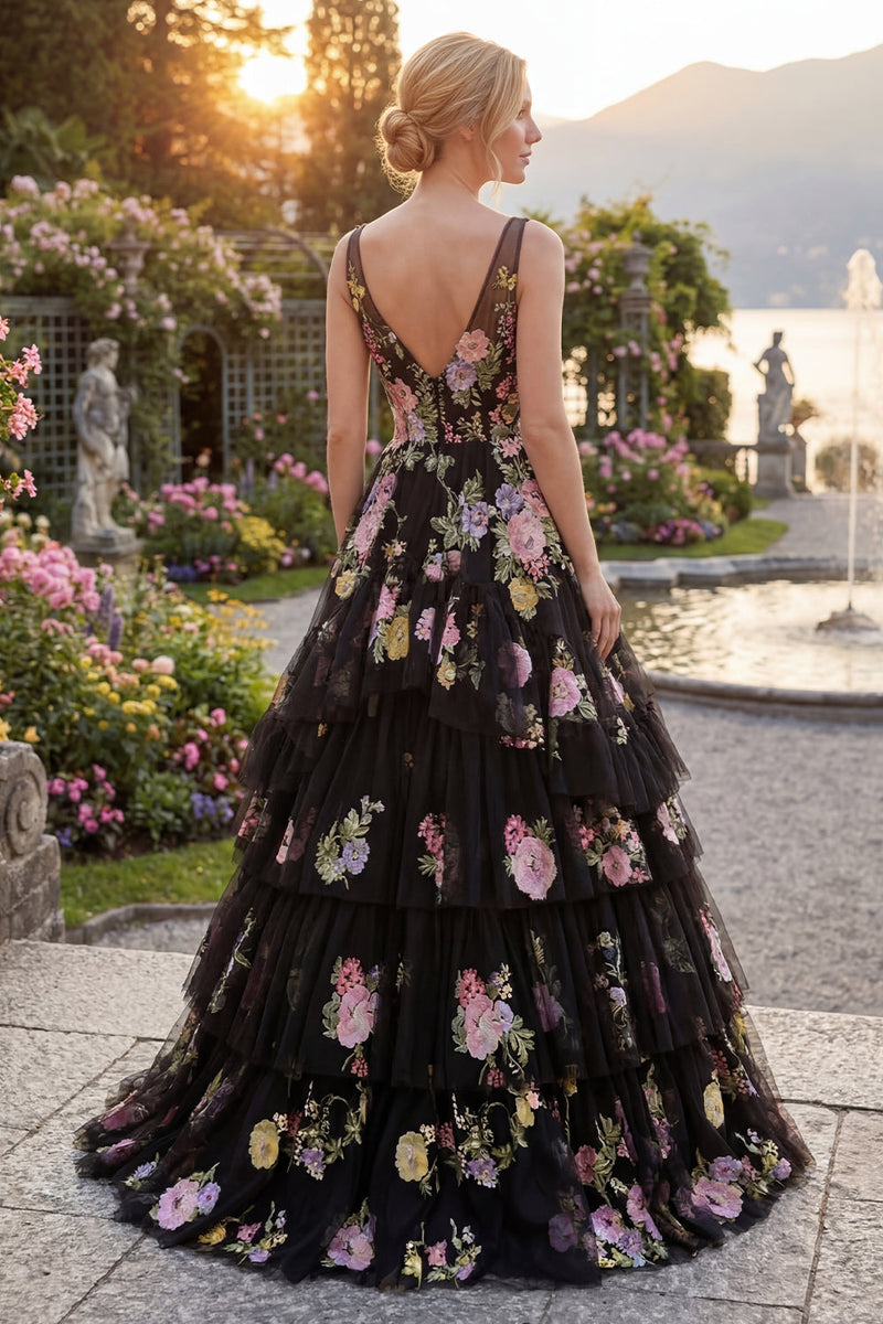 Load image into Gallery viewer, Black Pink Flower Ball Gown V-Neck Long Formal Dress with Ruffles