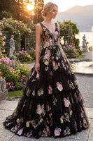 Load image into Gallery viewer, Black Pink Flower Ball Gown V-Neck Long Formal Dress with Ruffles