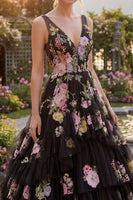 Load image into Gallery viewer, Black Pink Flower Ball Gown V-Neck Long Formal Dress with Ruffles