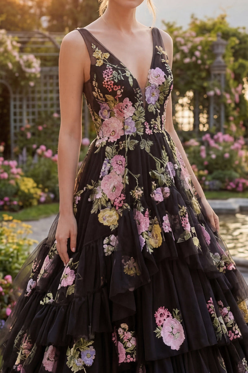 Load image into Gallery viewer, Black Pink Flower Ball Gown V-Neck Long Formal Dress with Ruffles