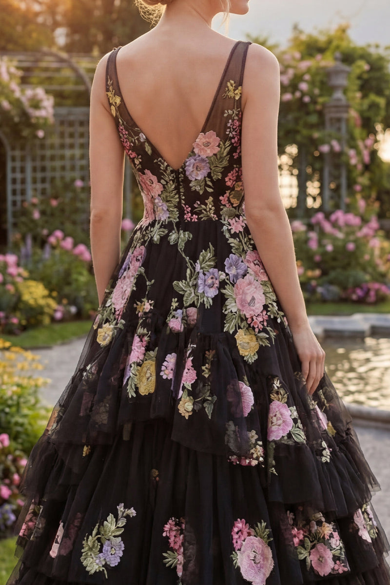 Load image into Gallery viewer, Black Pink Flower Ball Gown V-Neck Long Formal Dress with Ruffles