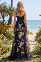 Load image into Gallery viewer, Black Pink Flower Spaghetti Straps Corset A Line Long Formal Dress with Slit