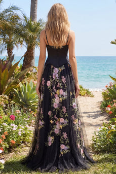 Black Pink Flower Spaghetti Straps Corset A Line Long Formal Dress with Slit