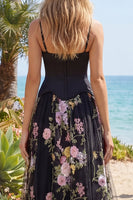 Load image into Gallery viewer, Black Pink Flower Spaghetti Straps Corset A Line Long Formal Dress with Slit
