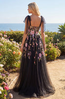 Load image into Gallery viewer, Black Pink Flower Long Corset A Line Bow Tie Formal Dress with Slit