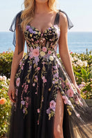 Load image into Gallery viewer, Black Pink Flower Long Corset A Line Bow Tie Formal Dress with Slit