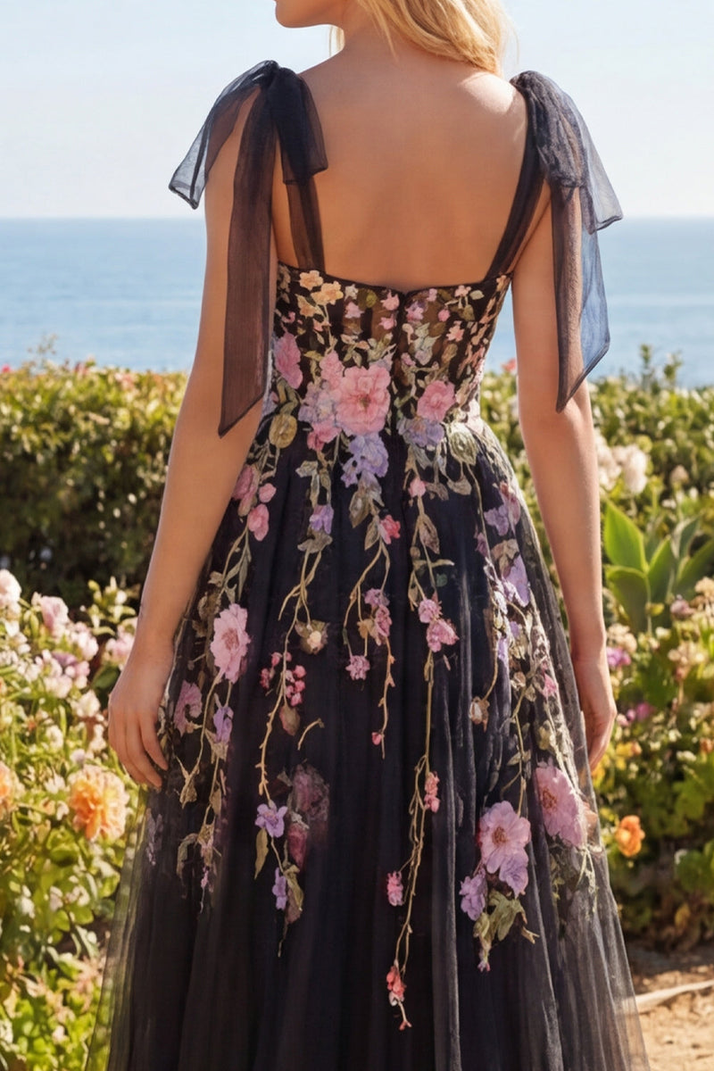 Load image into Gallery viewer, Black Pink Flower Long Corset A Line Bow Tie Formal Dress with Slit