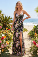 Load image into Gallery viewer, Black Pink Flower Mermaid Spaghetti Straps Long Prom Dress with Slit