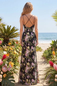 Black Pink Flower Mermaid Spaghetti Straps Long Prom Dress with Slit