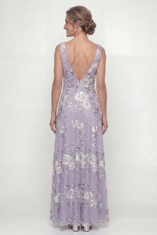 Dusty Purple Long Floral A Line Mother of the Bride Dress